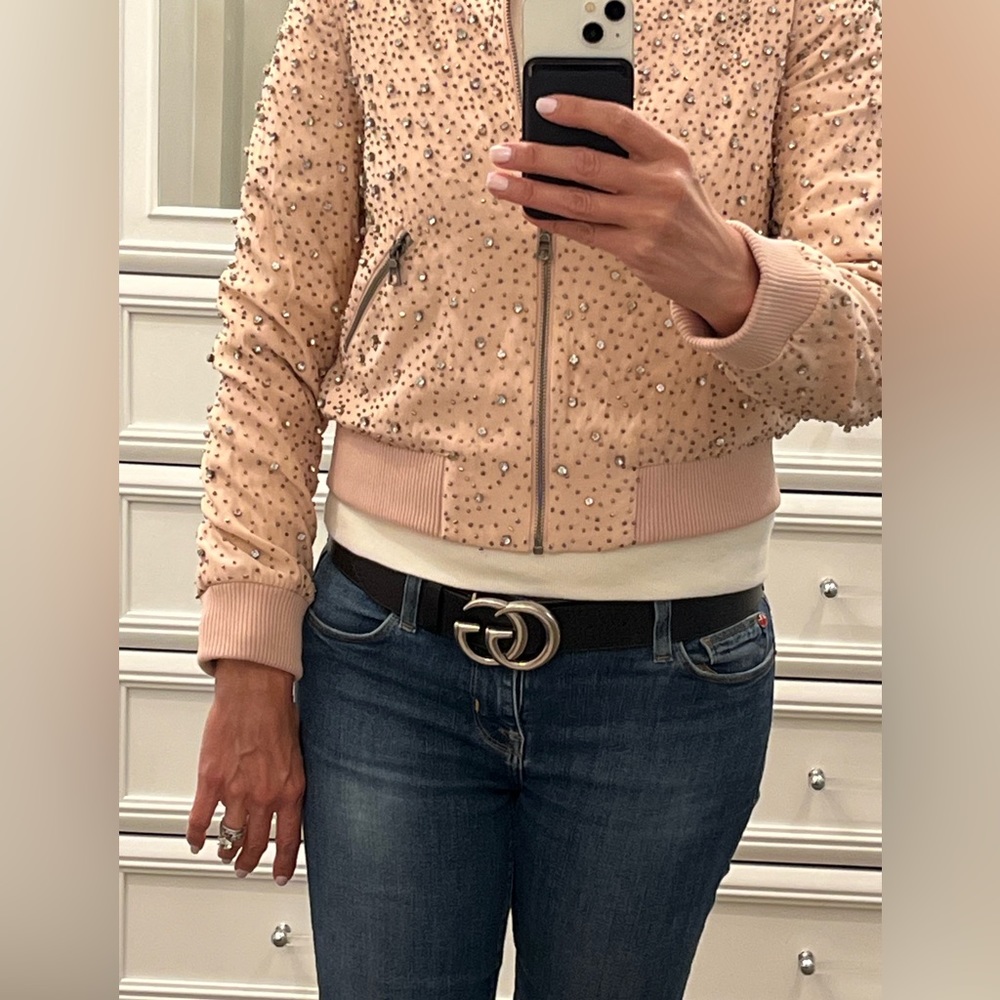Alice + Olivia Pink Silk Rhinestone Bomber Jacket - Size Small